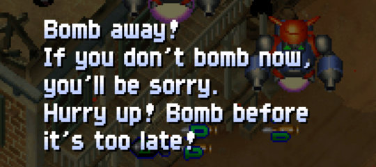 Image: A message from Gunbird 2's continue screen, instructing the player to use bombs better.