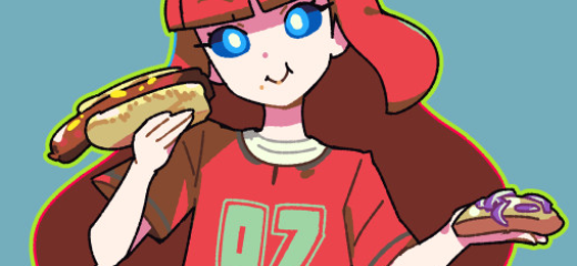 Image: Mae from BLUE REVOLVER holding a hot dog and a zsĆros kenyĆ©r.